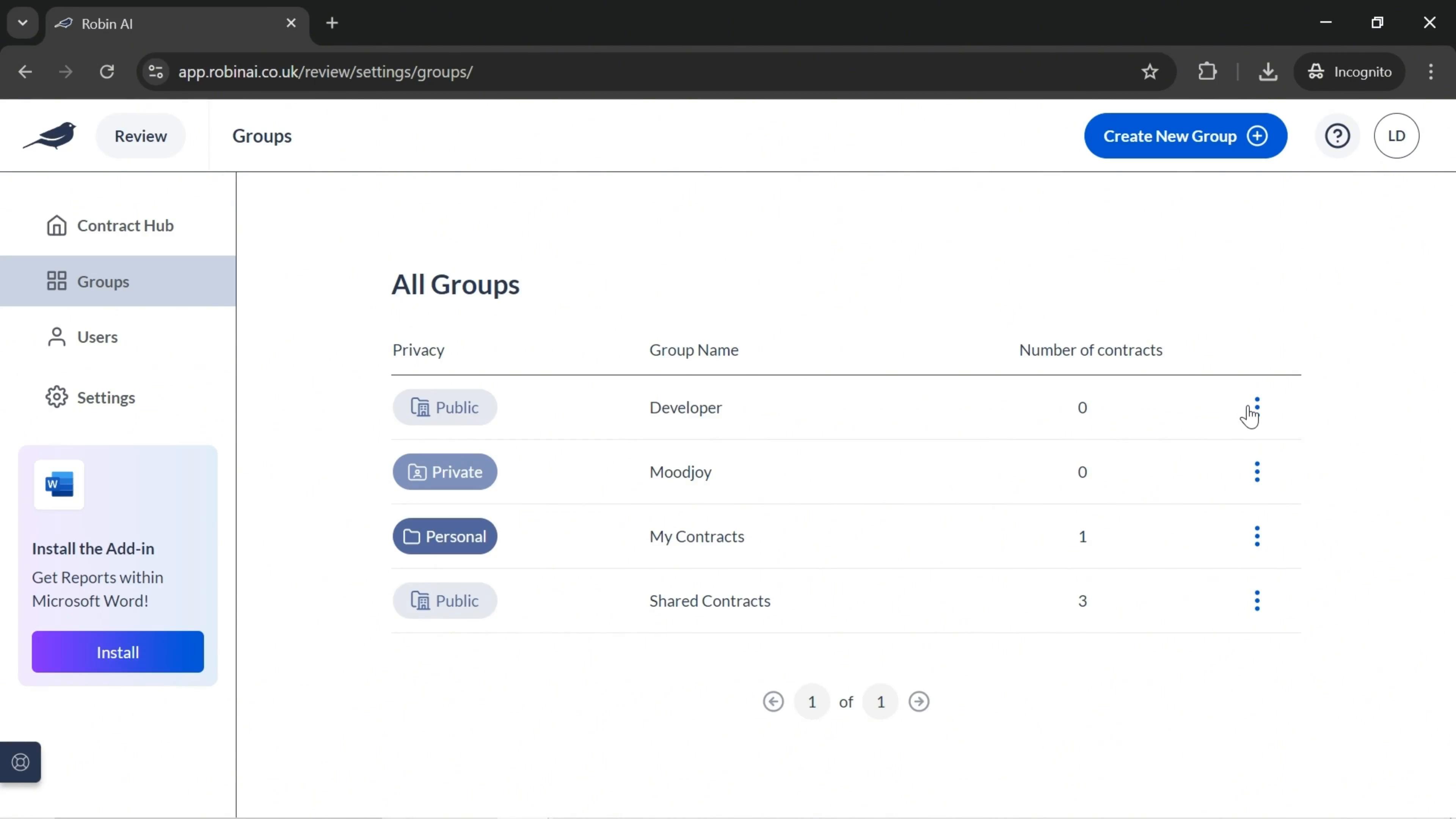 Screenshot of Managing groups on Robin AI