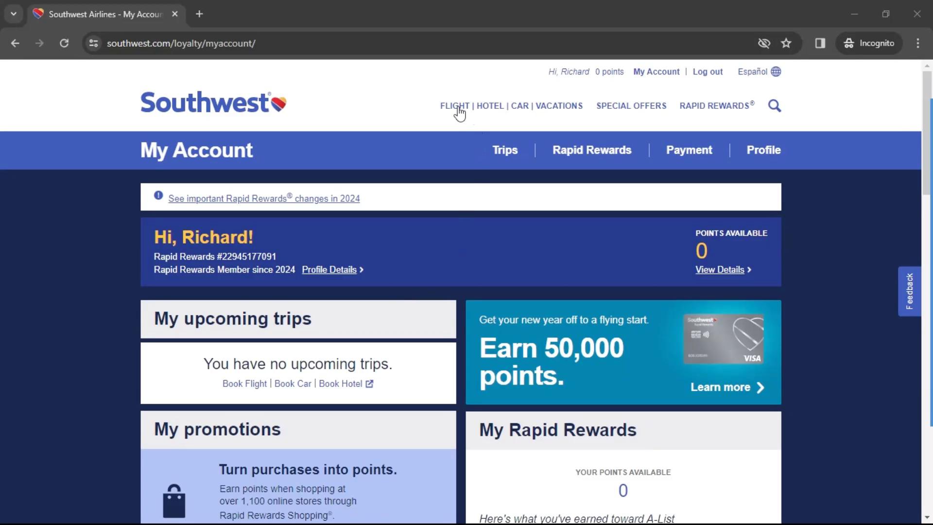 Booking a flight on Southwest Airlines video screenshot