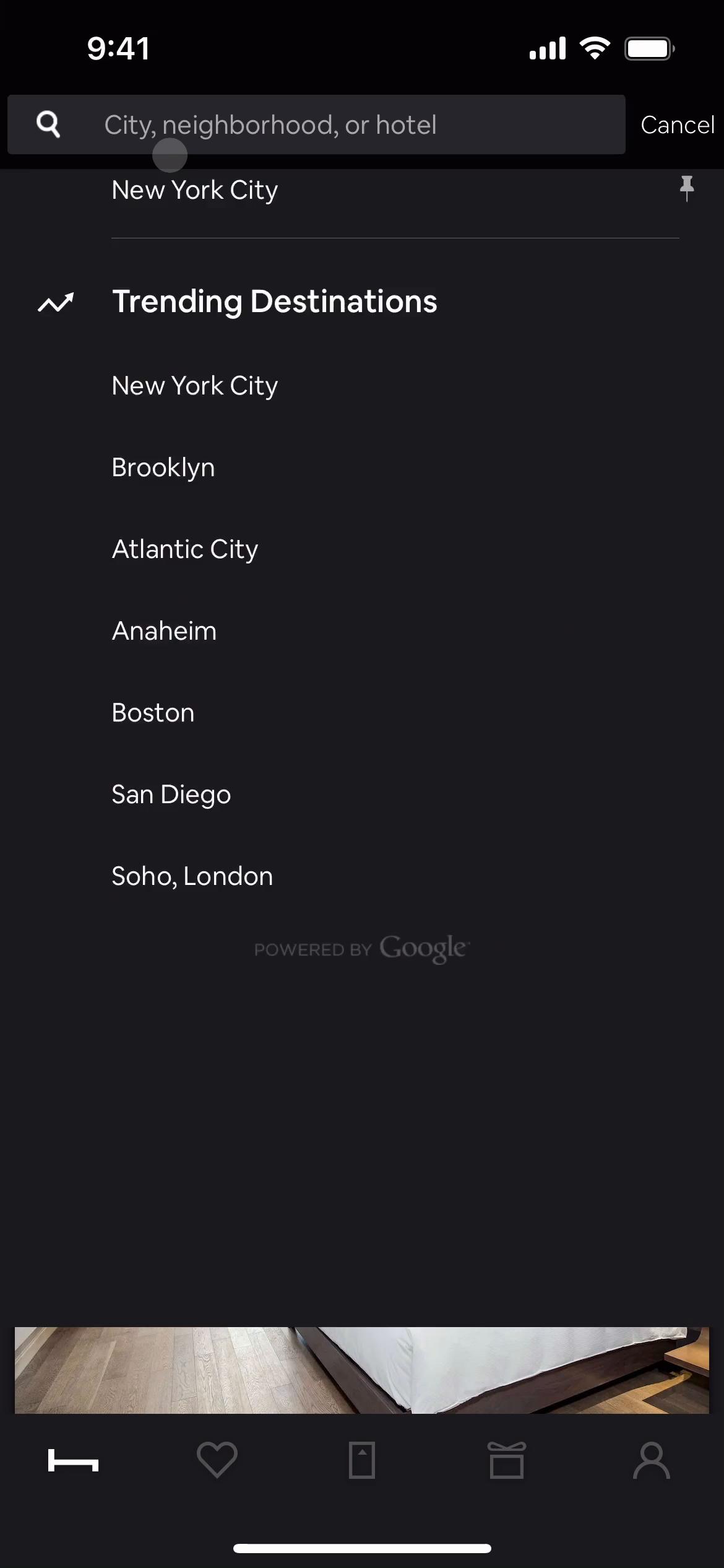 Screenshot of Finding hotels on HotelTonight