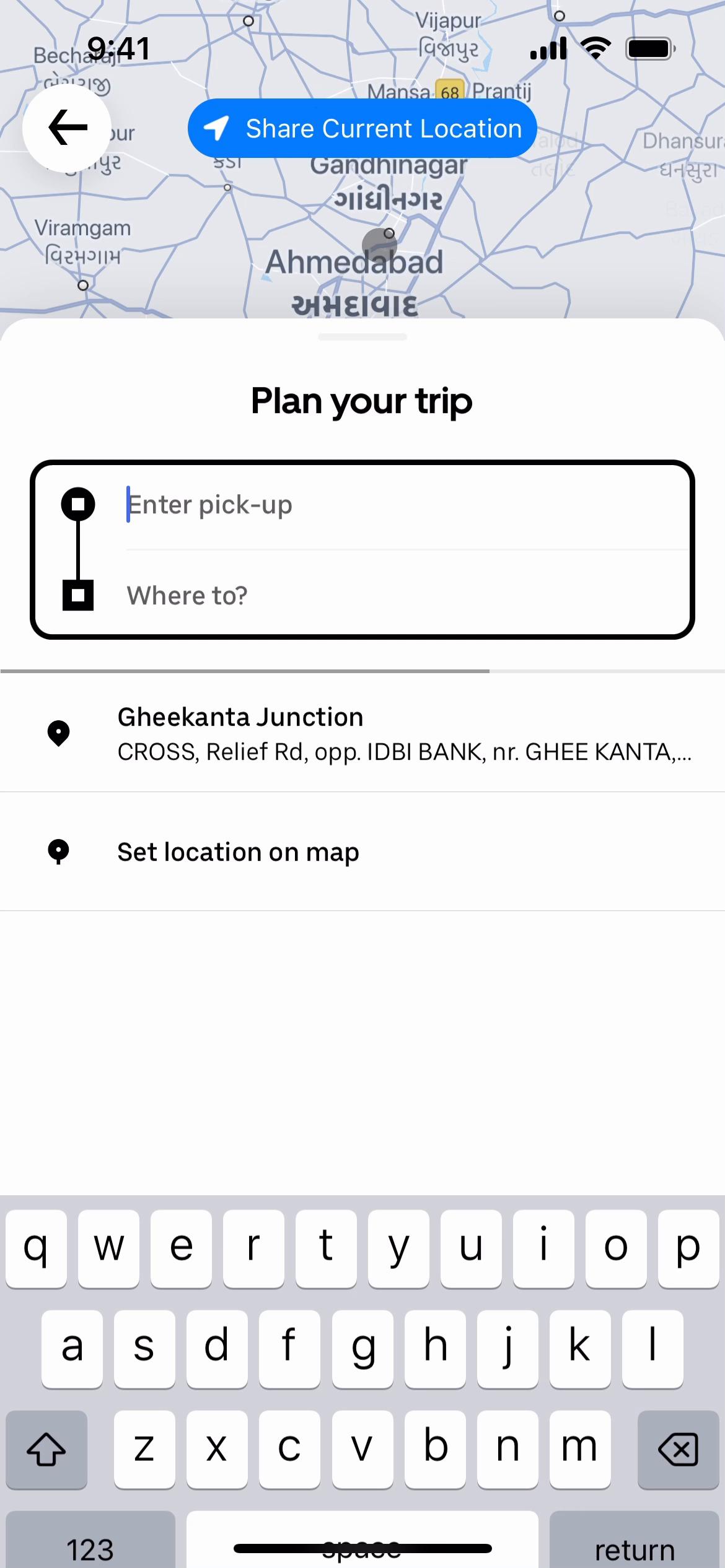 Screenshot of Searching on Uber