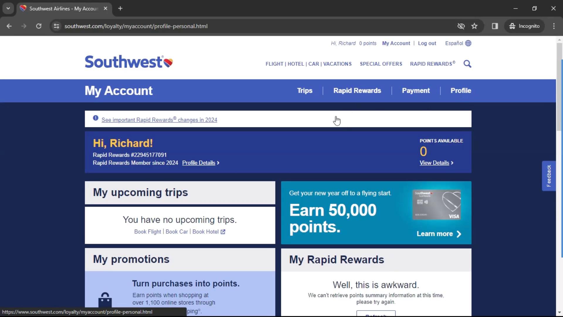 Changing password on Southwest Airlines video screenshot