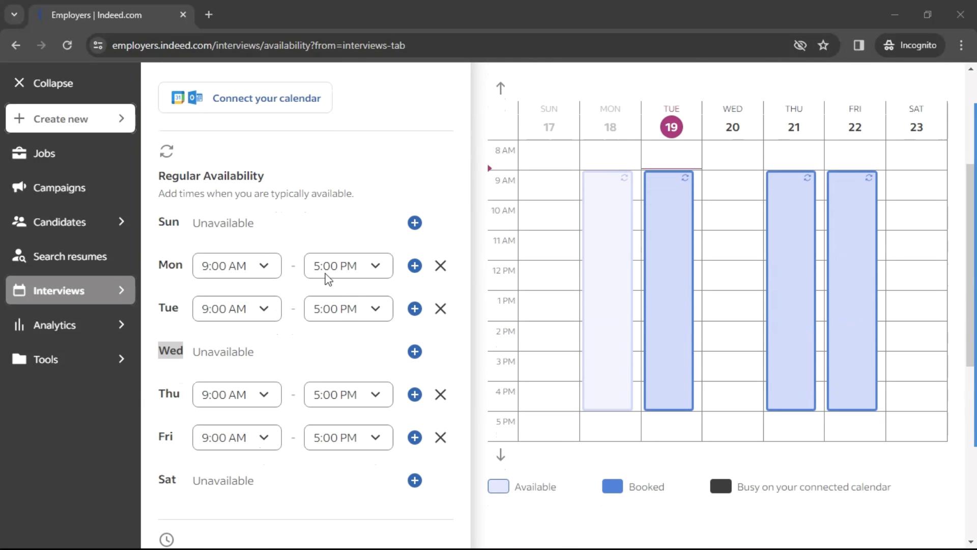 Screenshot of Setting up interview availability on Indeed