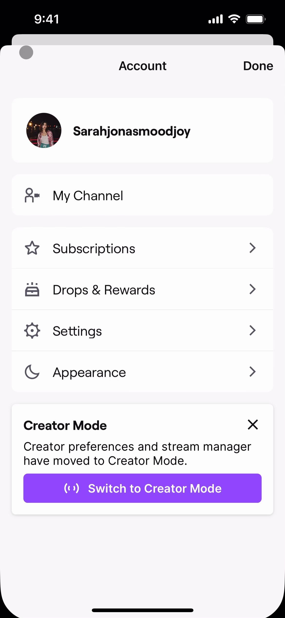 Screenshot of Settings on Twitch