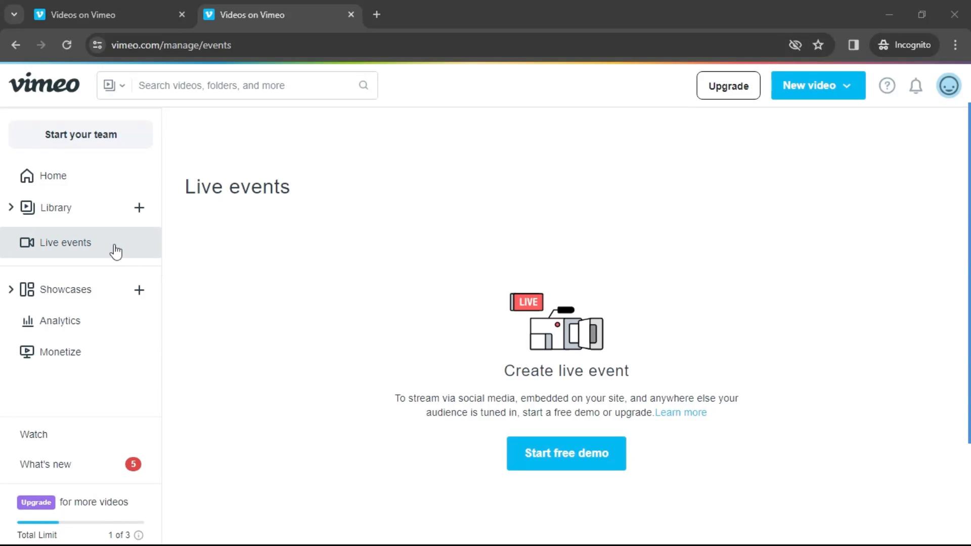 Creating a live event on Vimeo video screenshot