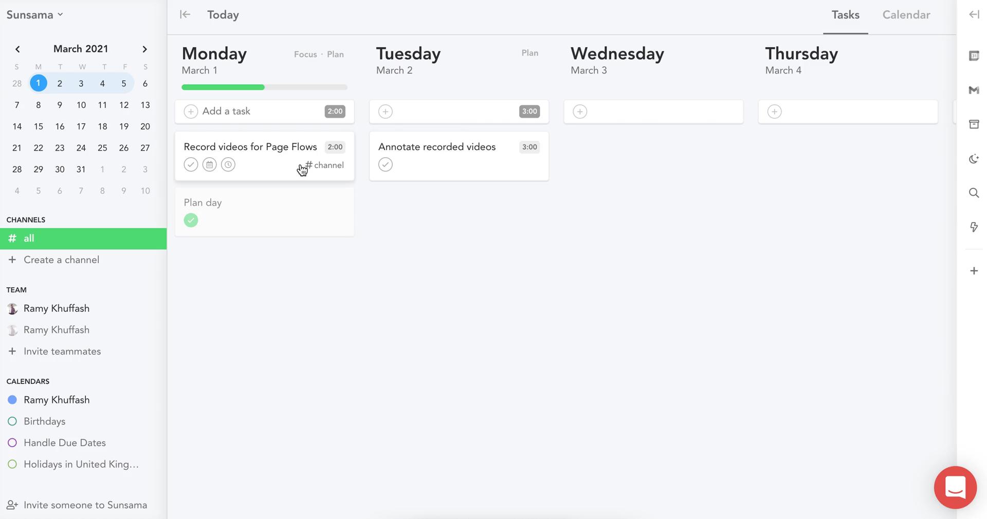 Tasks on Sunsama video screenshot