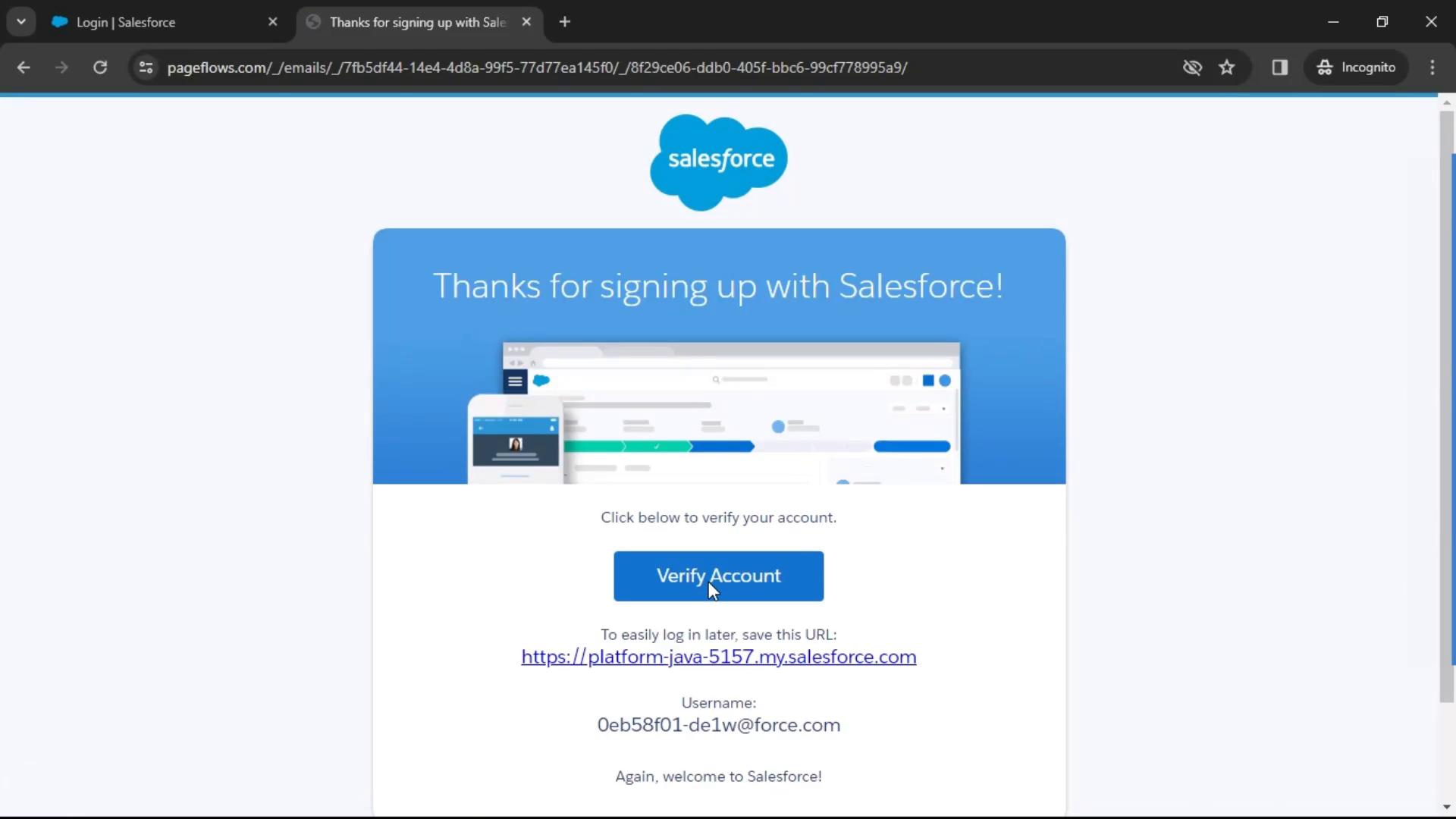 Screenshot of Verifying account on Salesforce