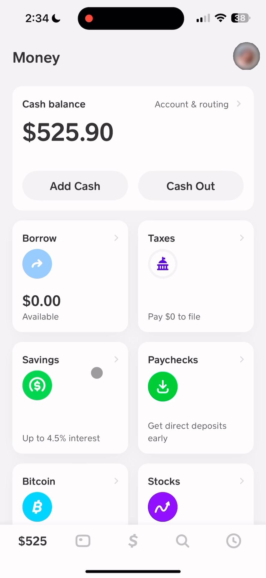 Screenshot of Transferring to savings on Cash App