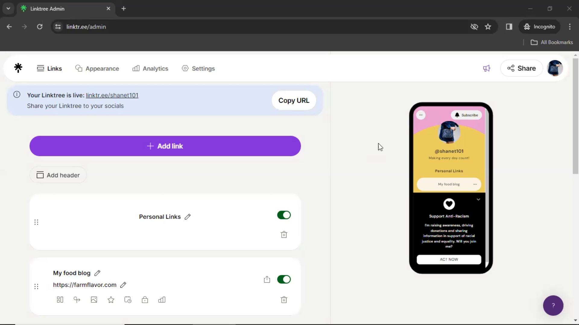 Screenshot of Resetting password on Linktree