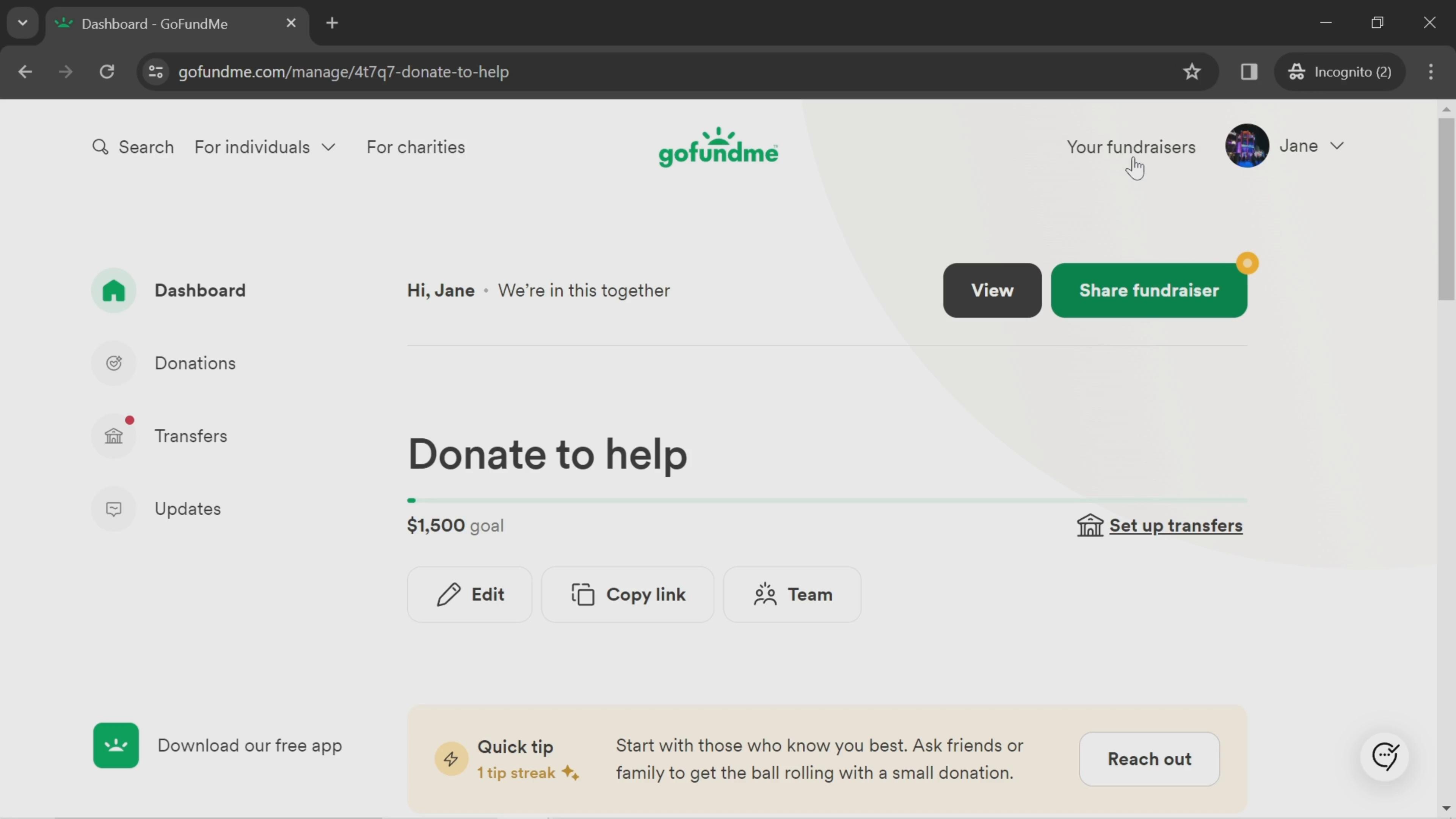 Screenshot of Editing a fundraiser on GoFundMe