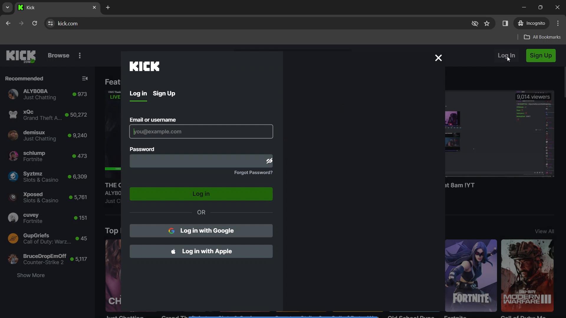 Screenshot of Logging in and logging out on Kick