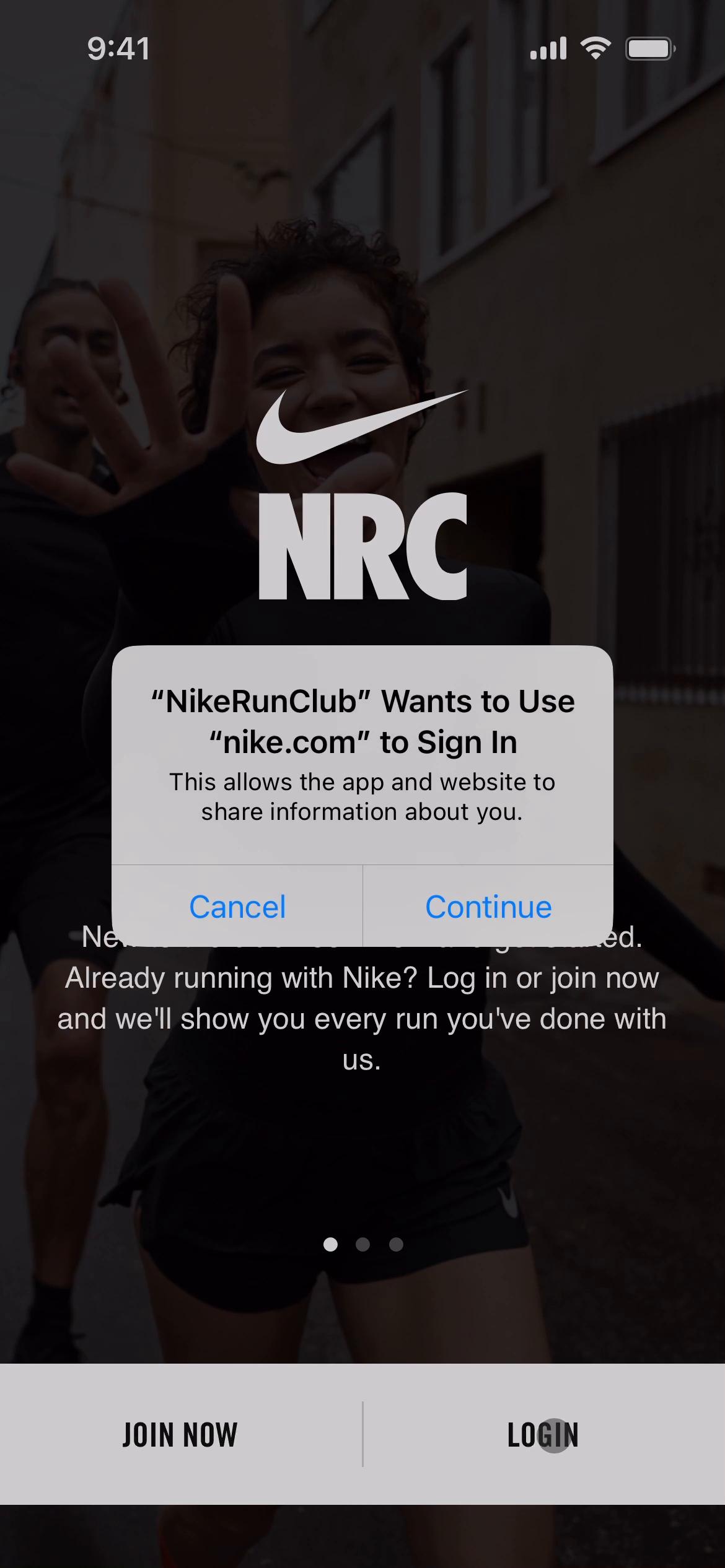 Logging in on Nike Run Club video screenshot