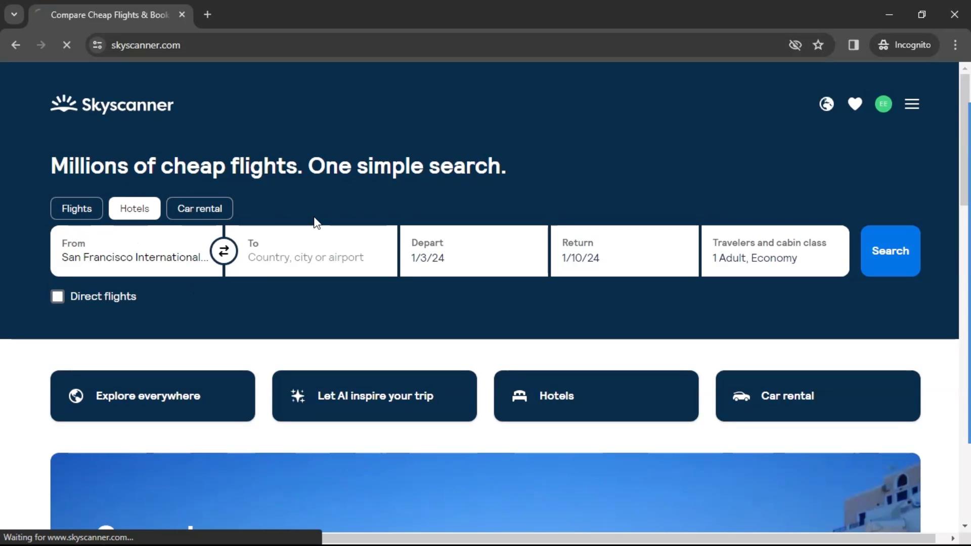 Screenshot of Filtering on Skyscanner