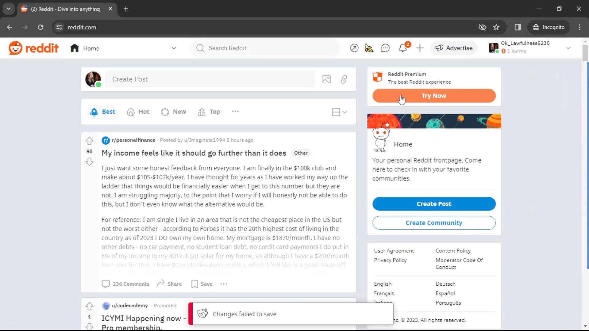 Screenshot of Upgrading your account on Reddit