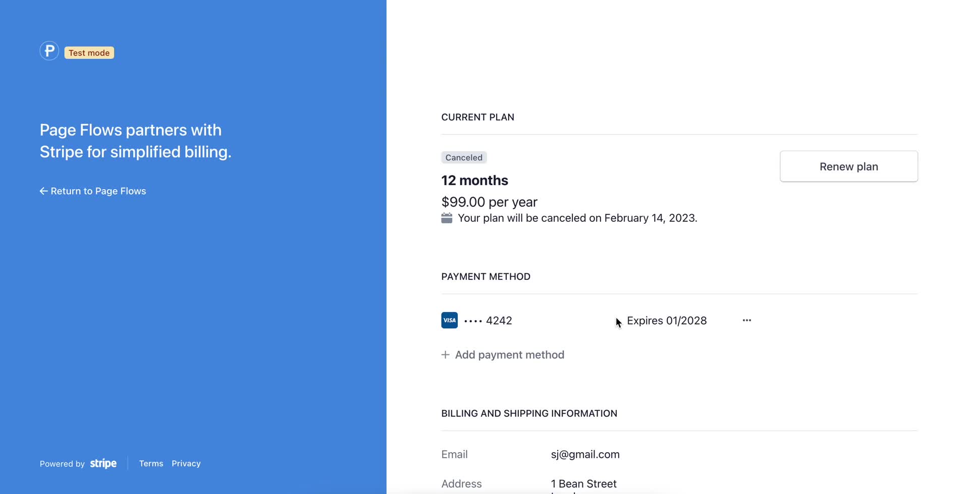 Stripe customer portal screenshot