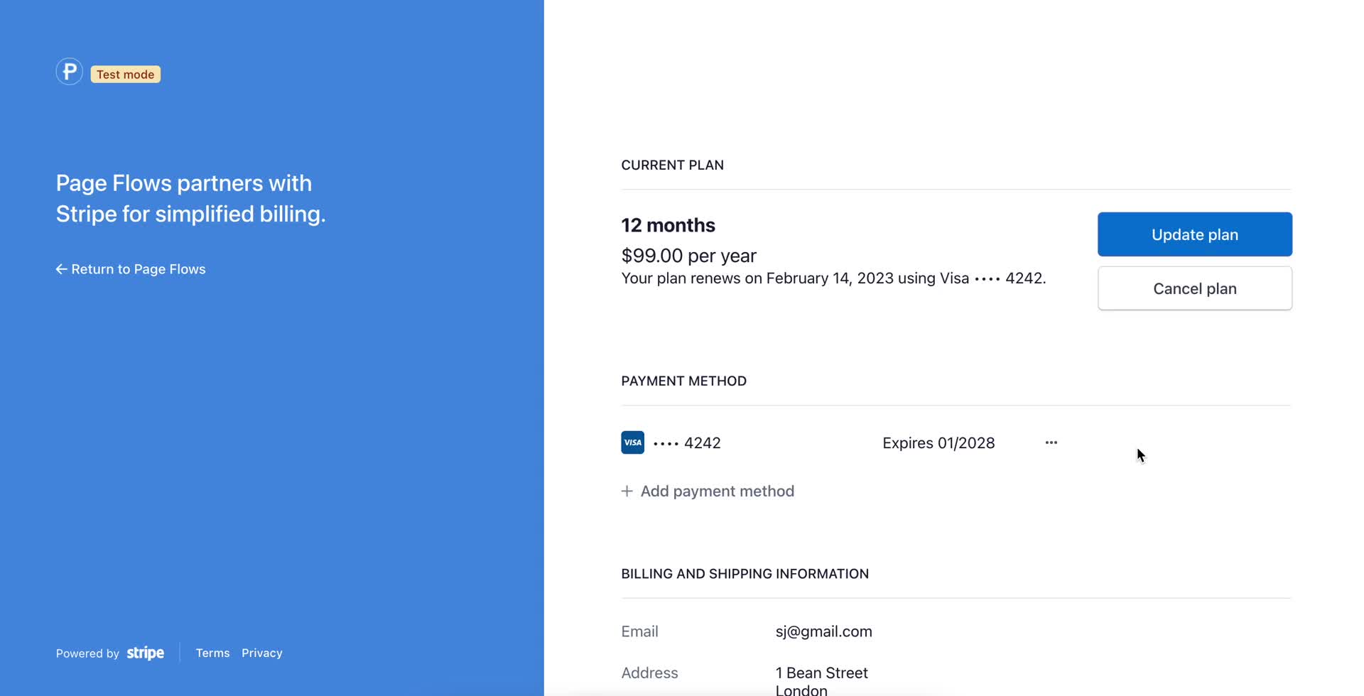 Stripe customer portal screenshot