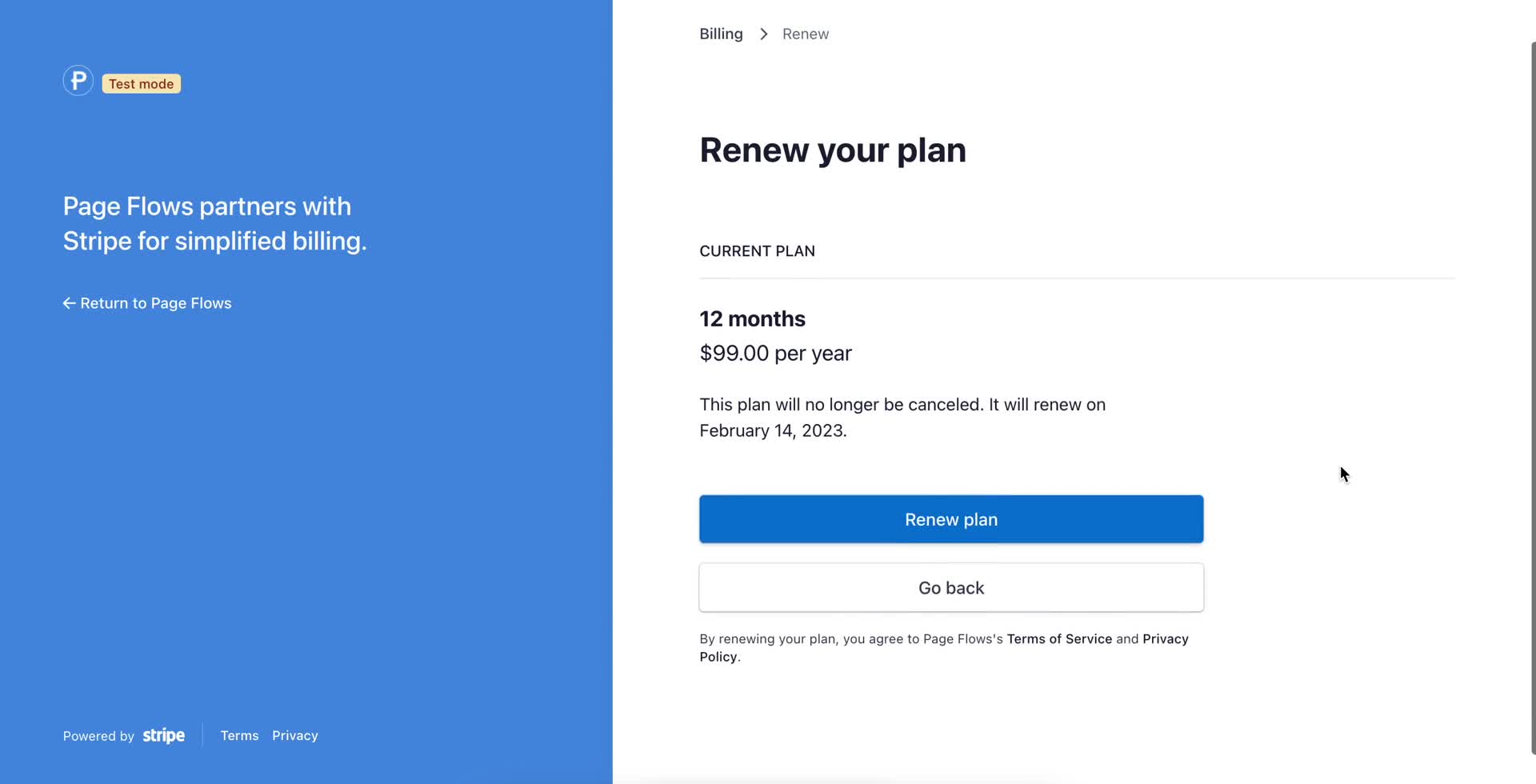 Stripe renew plan screenshot