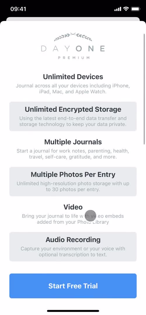 Day One premium benefits screenshot