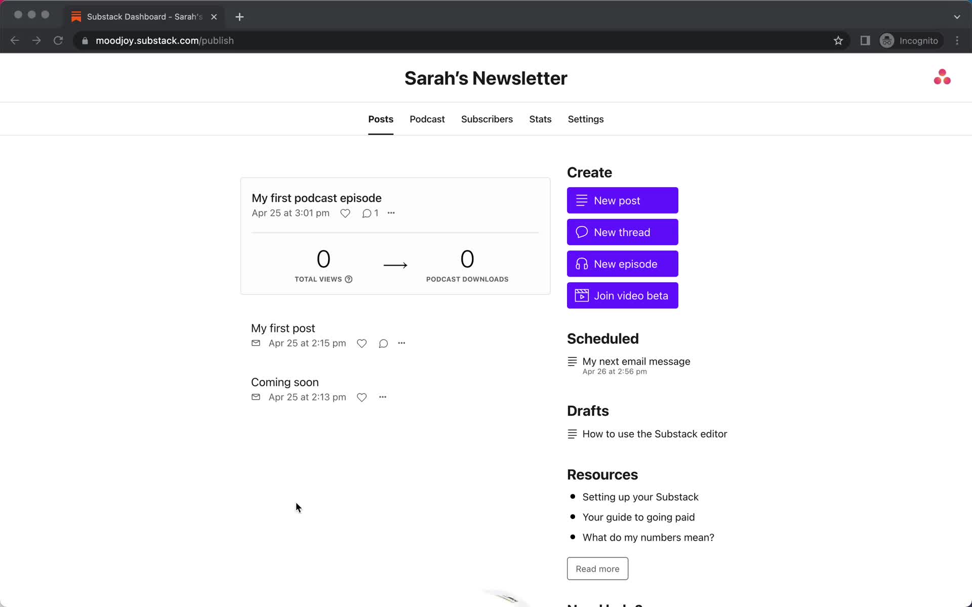 Substack dashboard screenshot