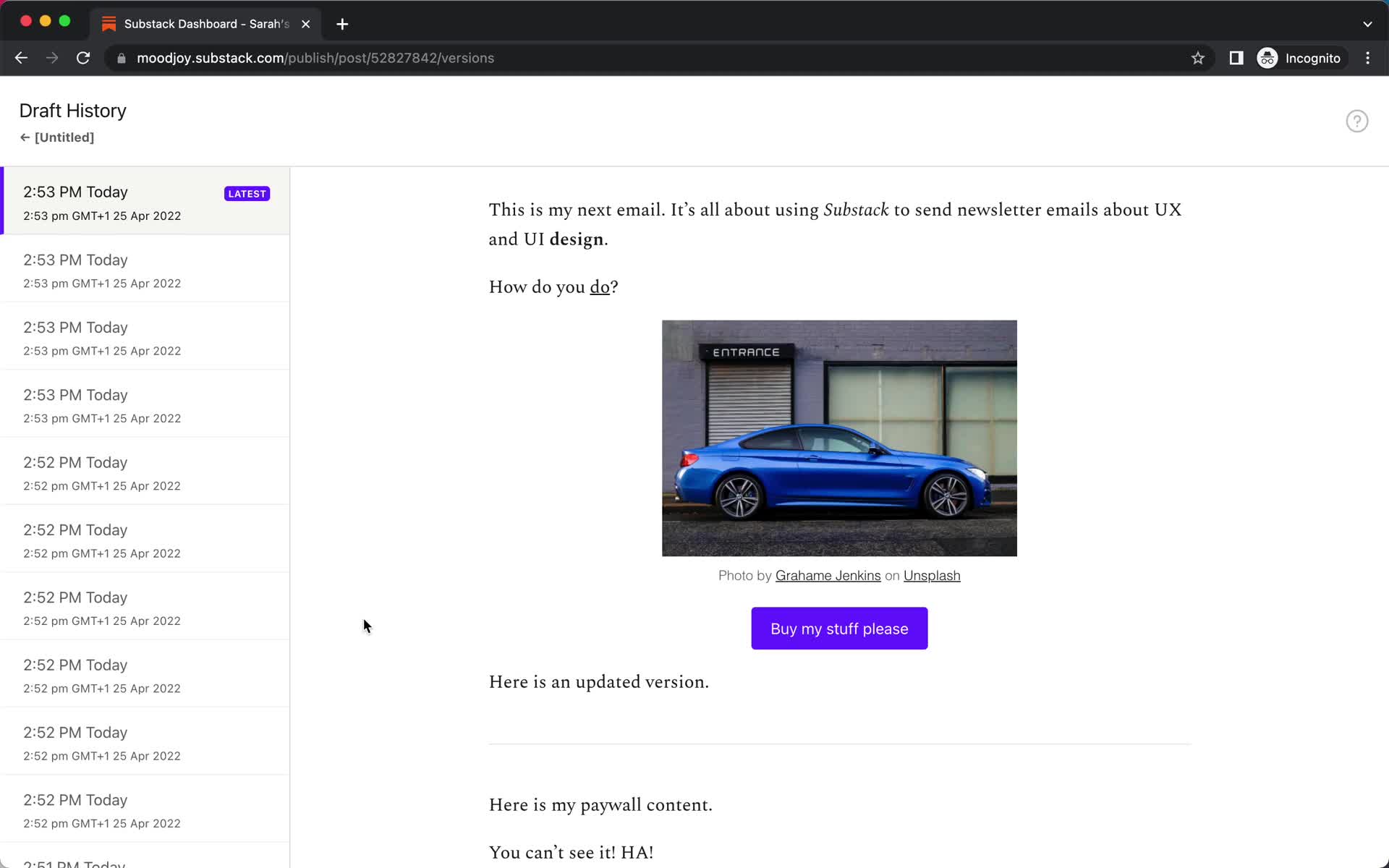 Substack version history screenshot