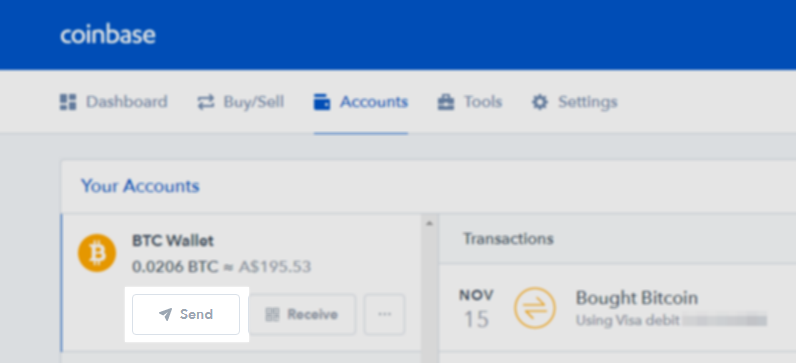 Screenshot of the Coinbase Accounts highlighting the "Send" button for sending Bitcoin to another wallet