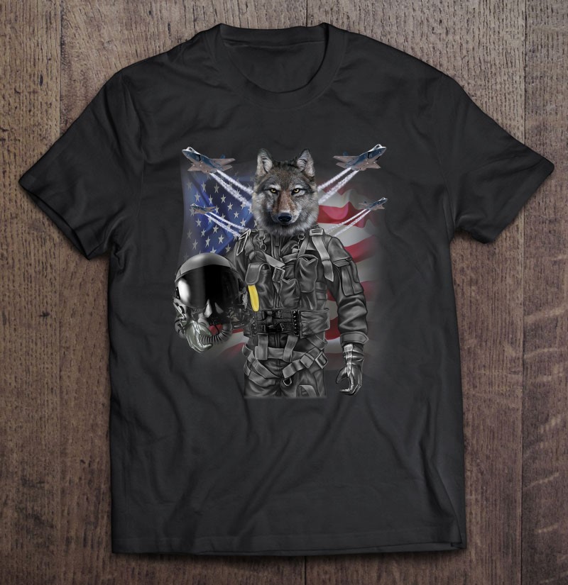 Wolf As Fighter Jet Pilot Usa America Shirt Gift Man Black Size Up To 5xl