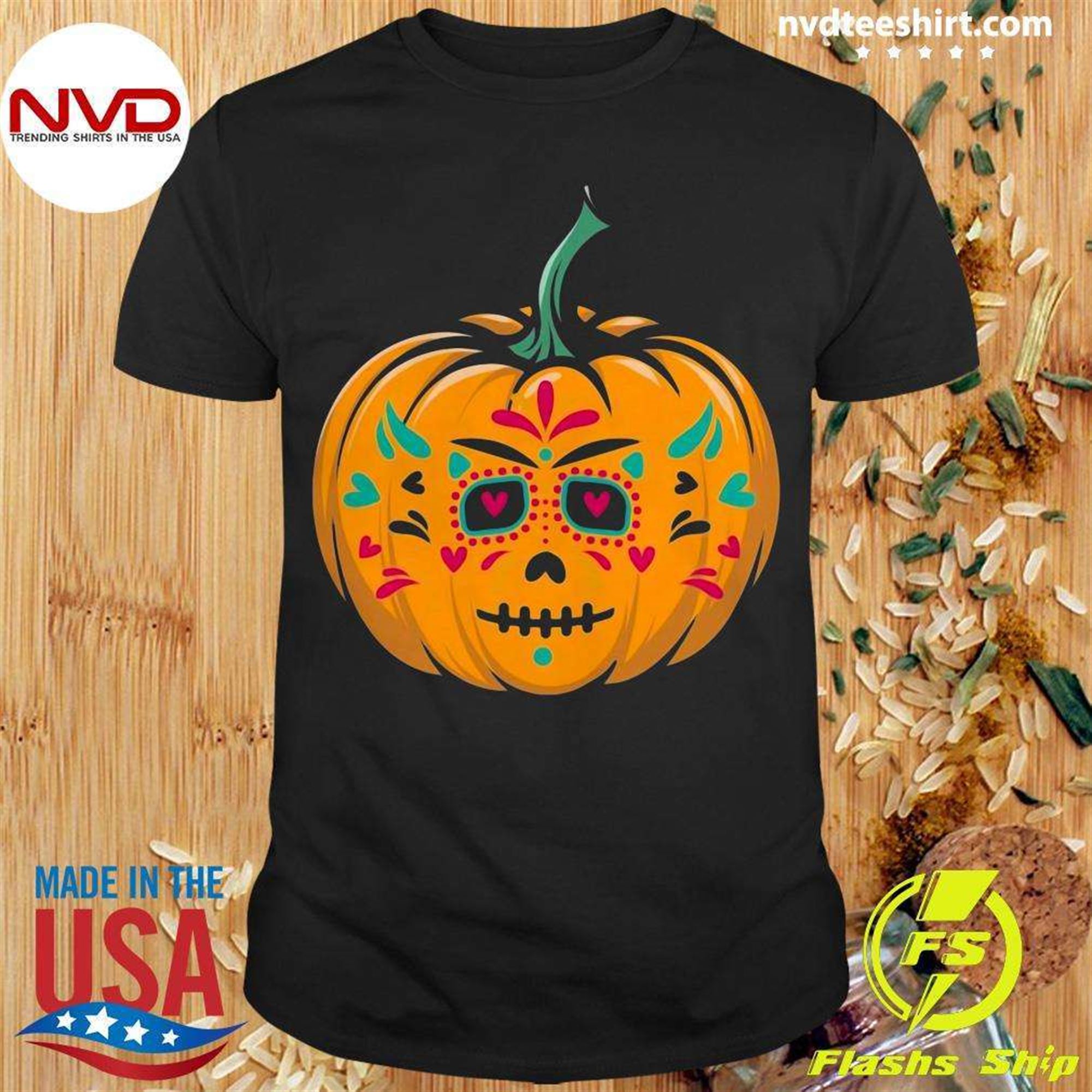 Official Dia De Los Muertos Day Of The Dead Halloween Pumpkin T-shirt Full Size Up To 5xl