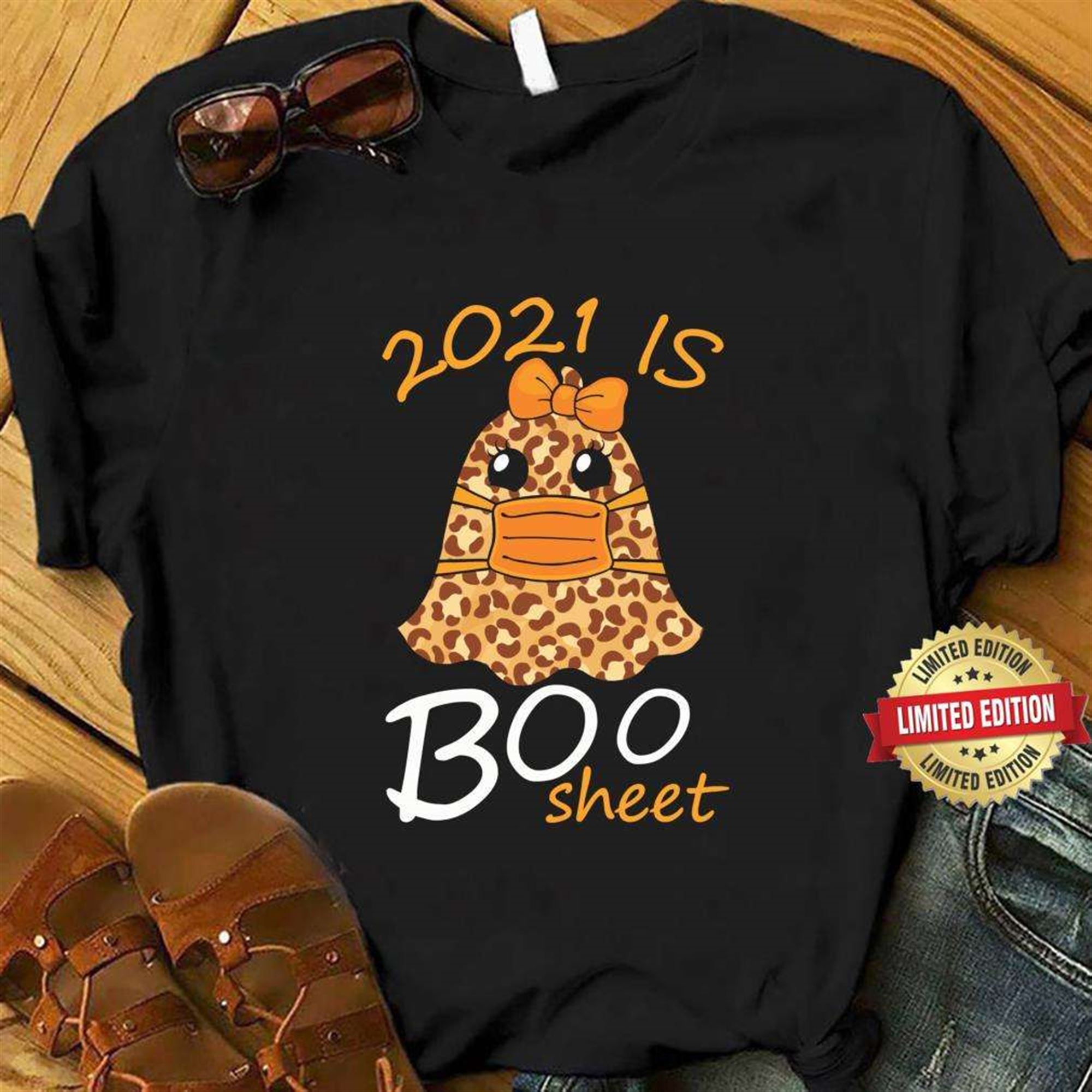 2021 Is Boo Sheet Ghost Face Mask Leopard Pattern Halloween T-shirt Plus Size Up To 5xl