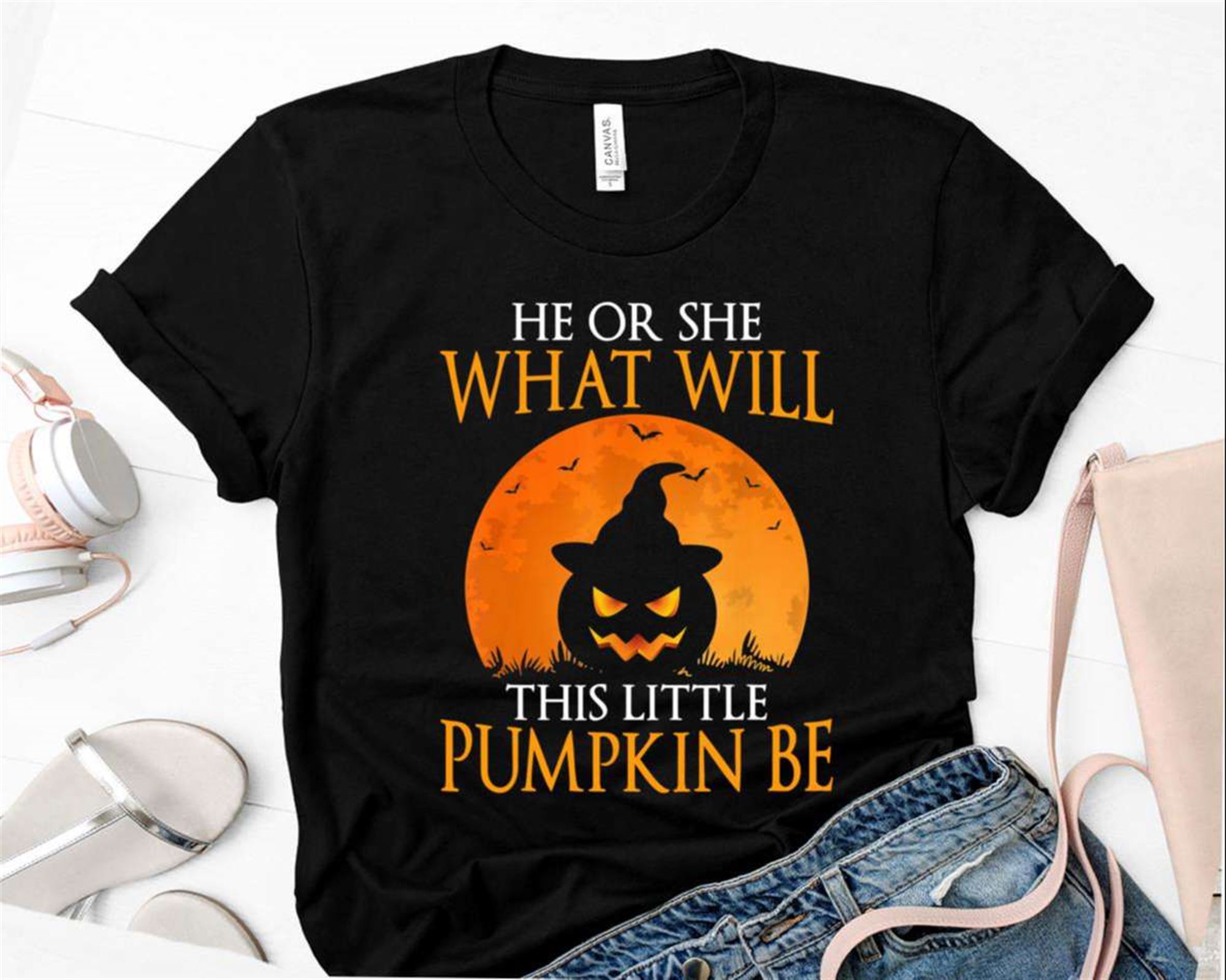He Or She What Will This Little Pumpkin Be Top Gender Reveal Pregnancy Funny Halloween Party T-shirt Size Up To 5xl
