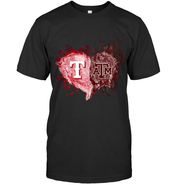 Mlb Texas Rangers And Texas A M Aggies Flaming Heart Fan Shirt Plus Size Up To 5xl