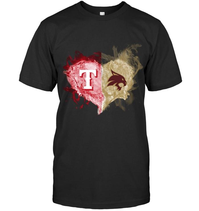 Mlb Texas Rangers And Texas State Bobcats Flaming Heart Fan Shirt Plus Size Up To 5xl