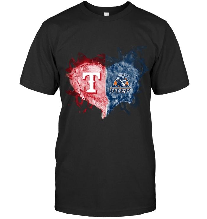 Mlb Texas Rangers And Utep Miners Flaming Heart Fan Shirt Full Size Up To 5xl