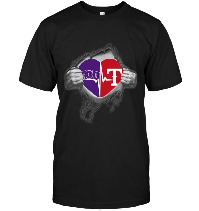 Mlb Texas Rangers Tcu Horned Frogs Texas Rangers Love Heartbeat Ripped Shirt Full Size Up To 5xl