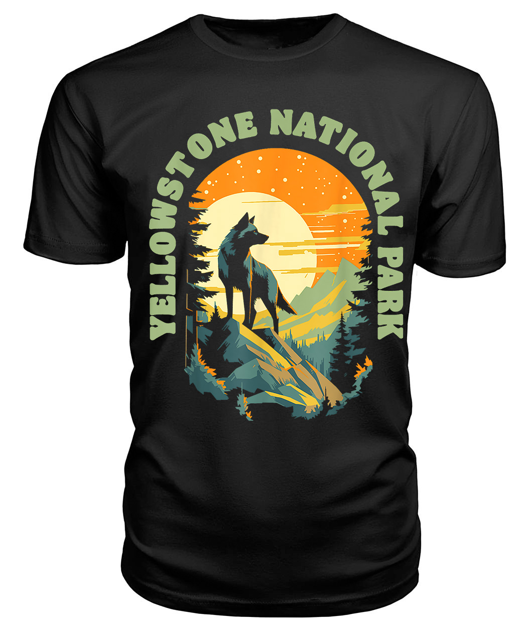 Yellowstone National Park Vintage Wolf Night Moon Stars T-shirt Plus Size Up To 5xl