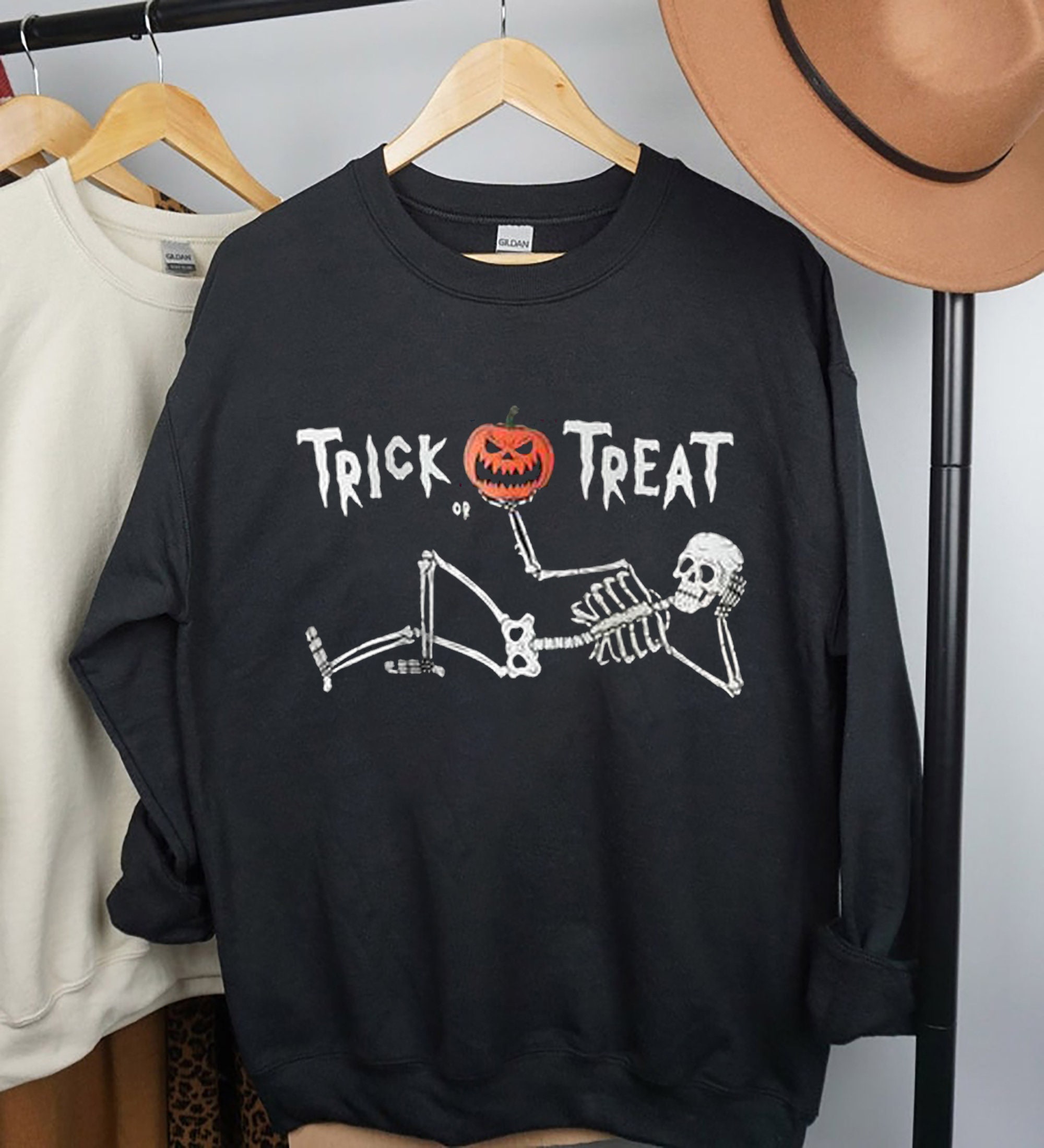 Trick Or Treat Skeleton Sweatshirt Skeleton Halloween Sweatshirts Trick Or Treat Shirt Pumpkin Skeleton Shirt Halloween Shirt Falls