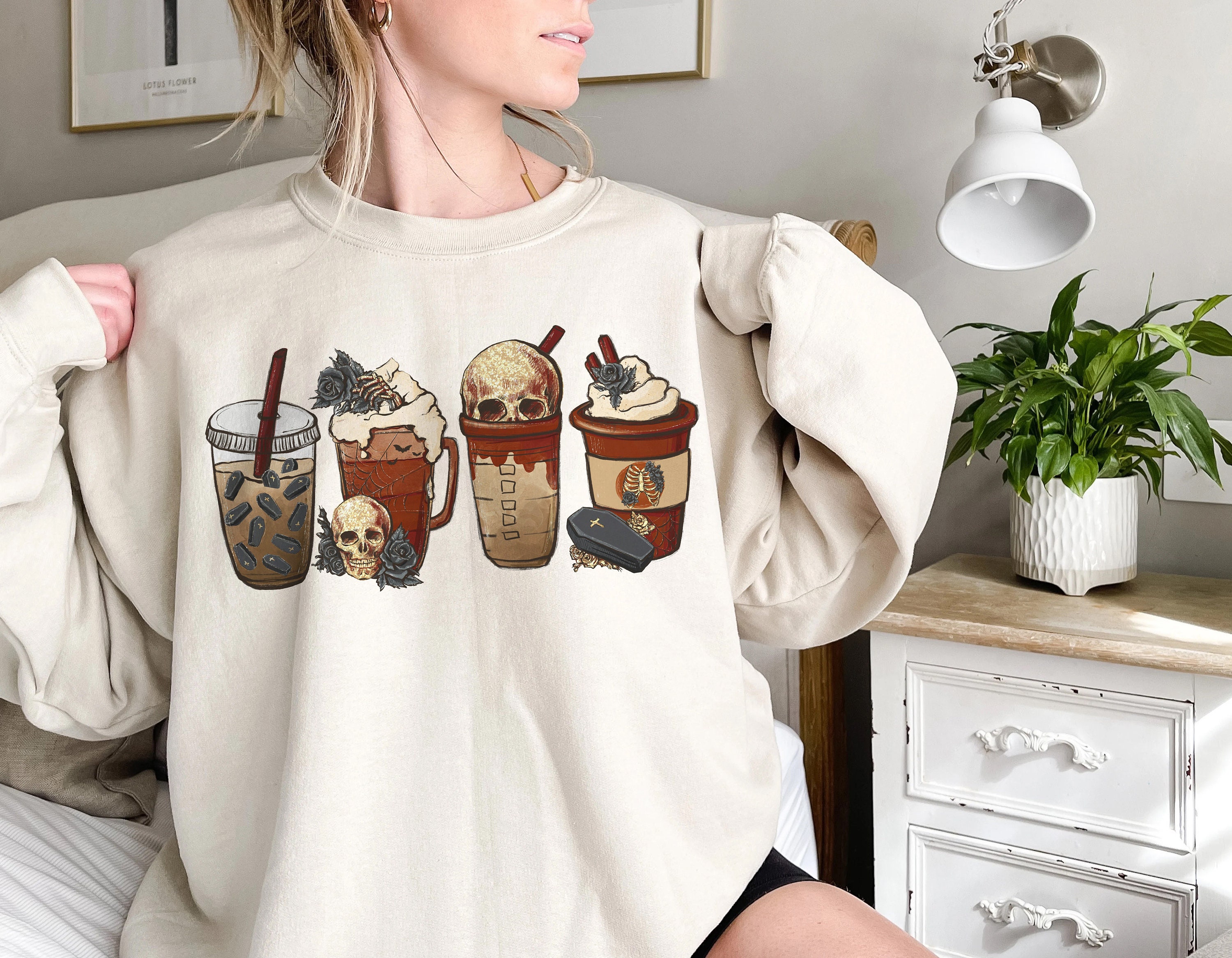 Fall Coffee Shirt Cute Halloween Sweatshirt Coffee Lover Tee Shirt Halloween Skeleton Latte Drink Cup Goth Skeleton Shirt Halloween Tee