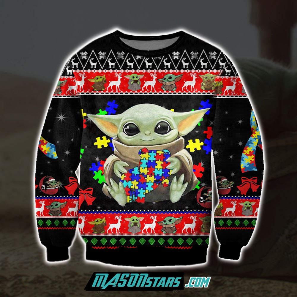 Baby Yoda With Puzzles Autism 3d Print Ugly Christmas Sweater Sweatshirt Christmas