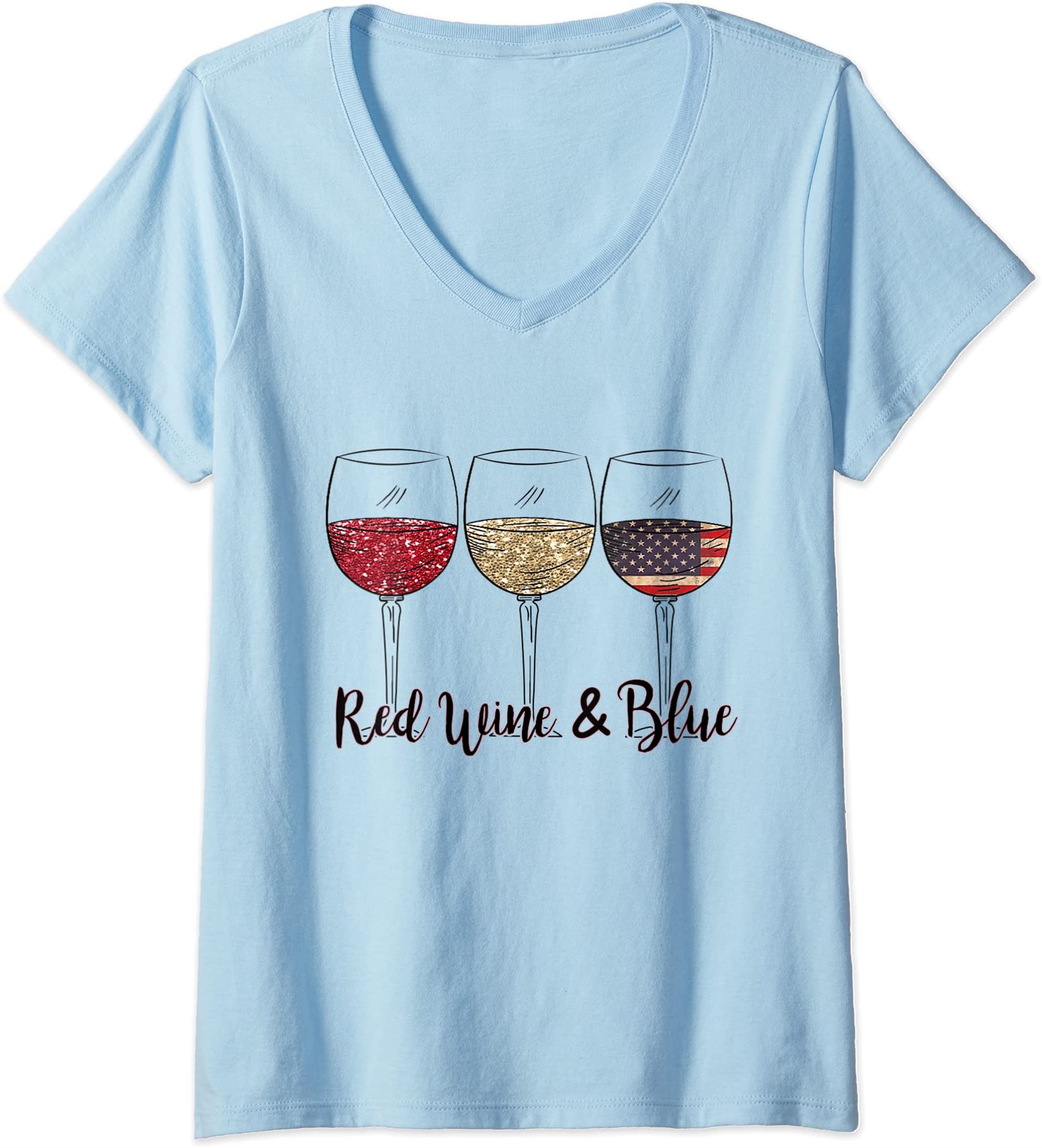 Womens Red Wine Blue 4th Of July Wine Red White Blue Wine Glasses V-neck T-shirt Plus Size Up To 5xl