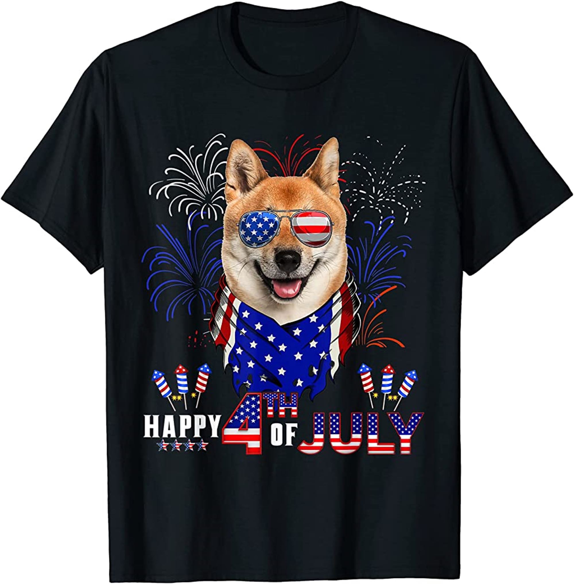 Happy 4th Of July American Flag Shiba Inu Dog Sunglasses T-shirt Plus Size Up To 5xl