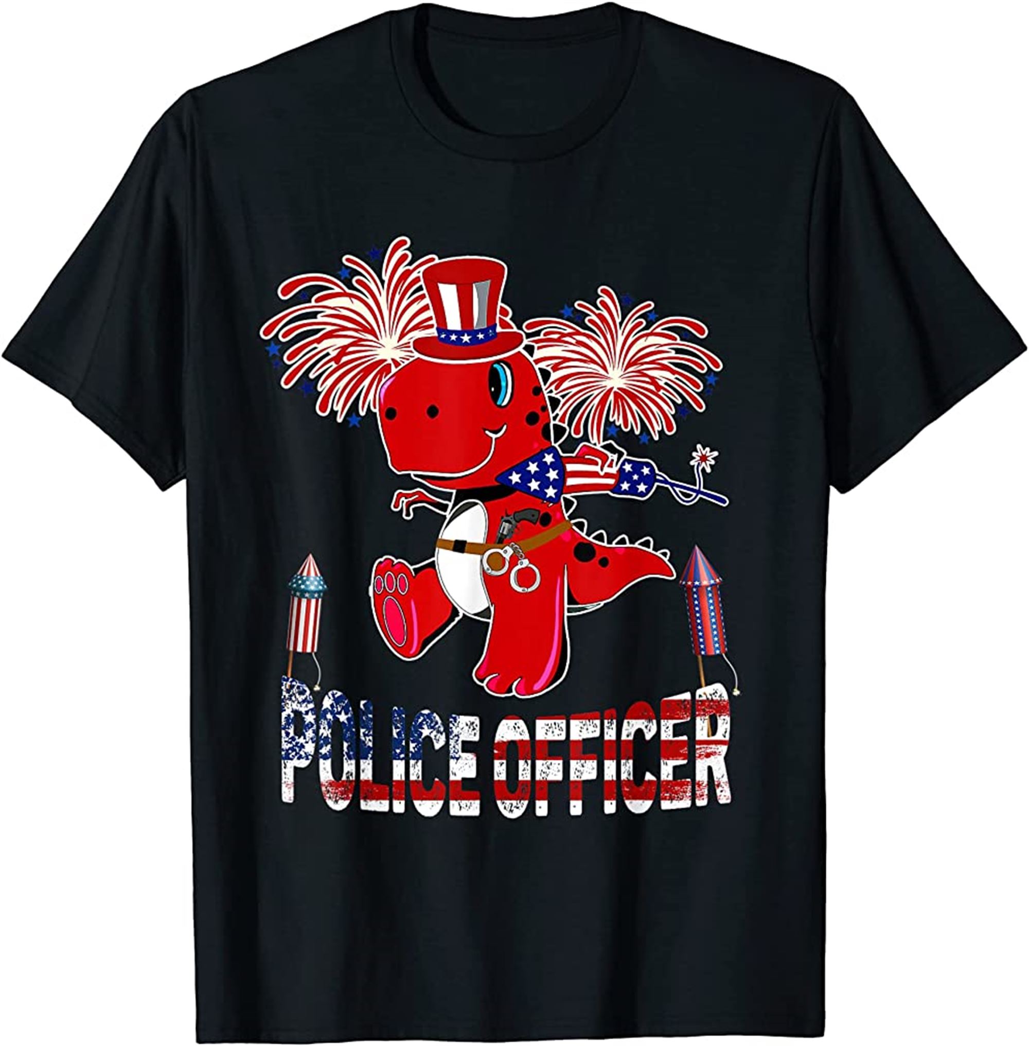 Police Officer American Flag T Rex Fireworks 4th Of July Tshirt Size Up To 5xl