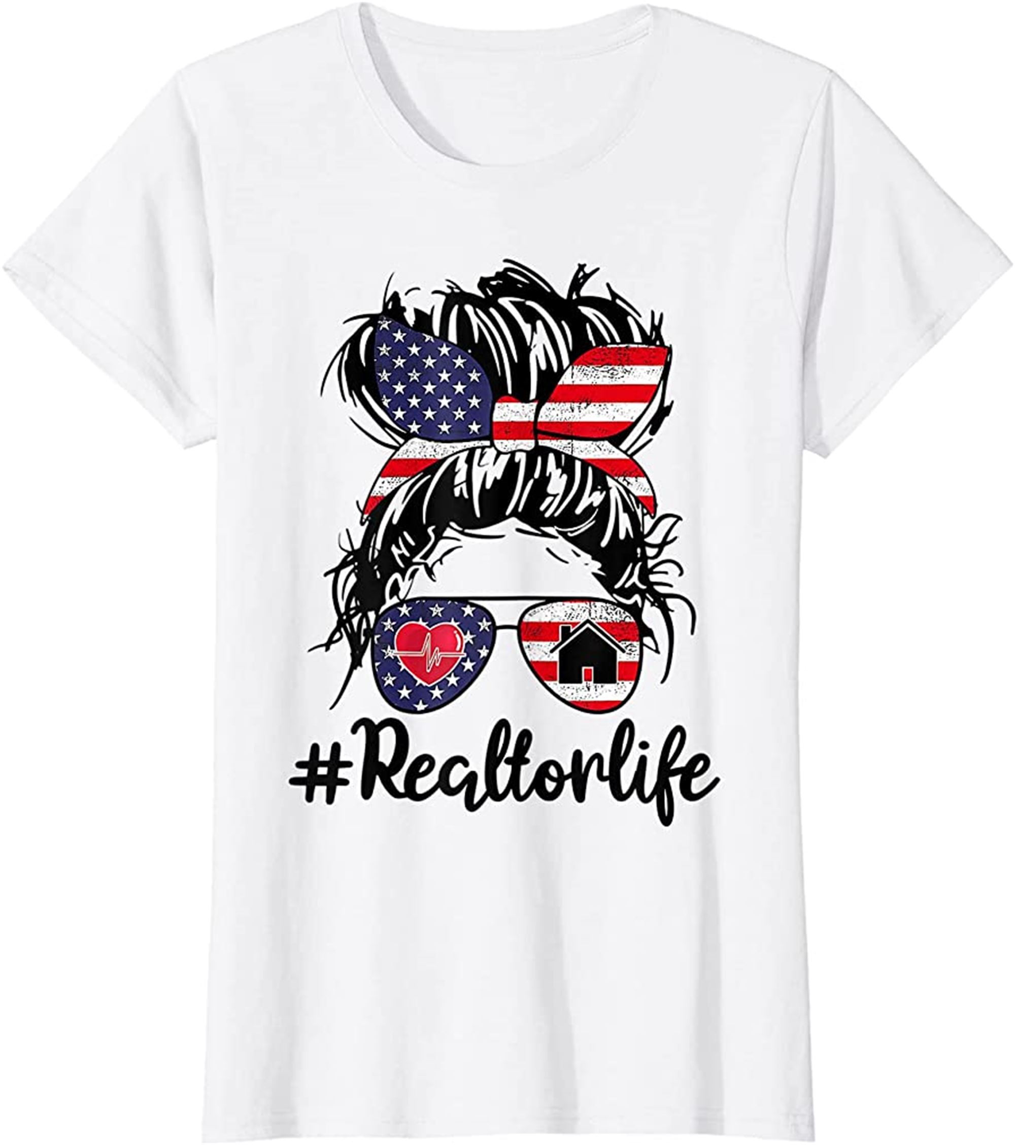 Womens Realtor Life Real Estate 4th Of July Messy Bun Flag Us T-shirt Plus Size Up To 5xl