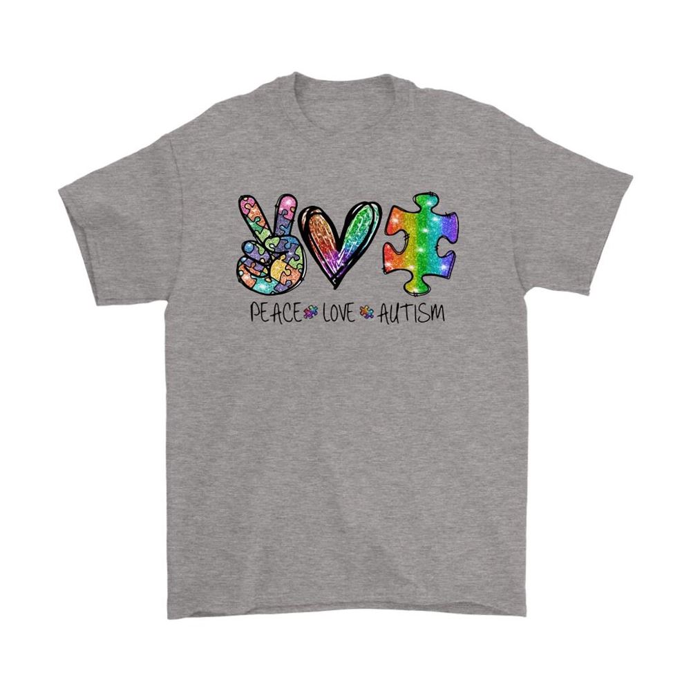 Peace Love Autism Awareness Glitter Rainbow Puzzle Pieces Shirts
