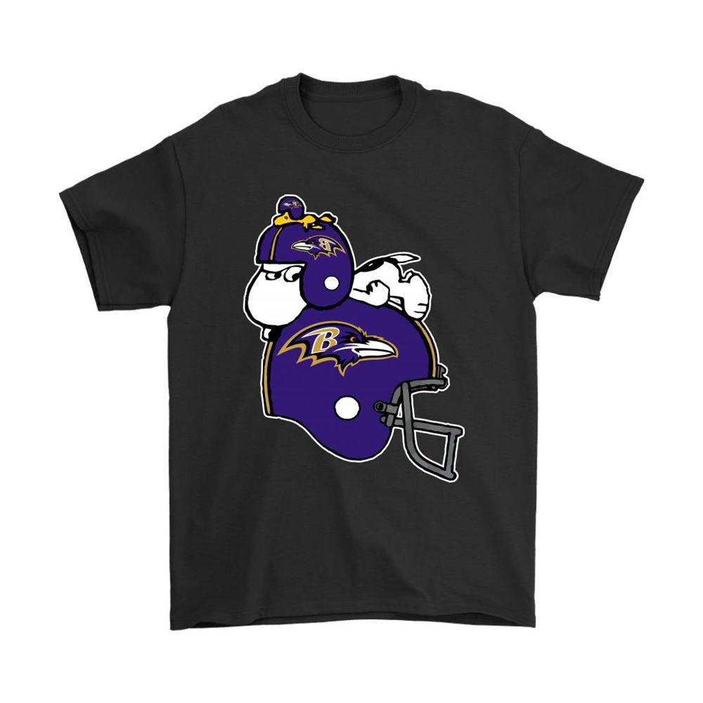 Snoopy And Woodstock Resting On Baltimore Ravens Helmet Shirts