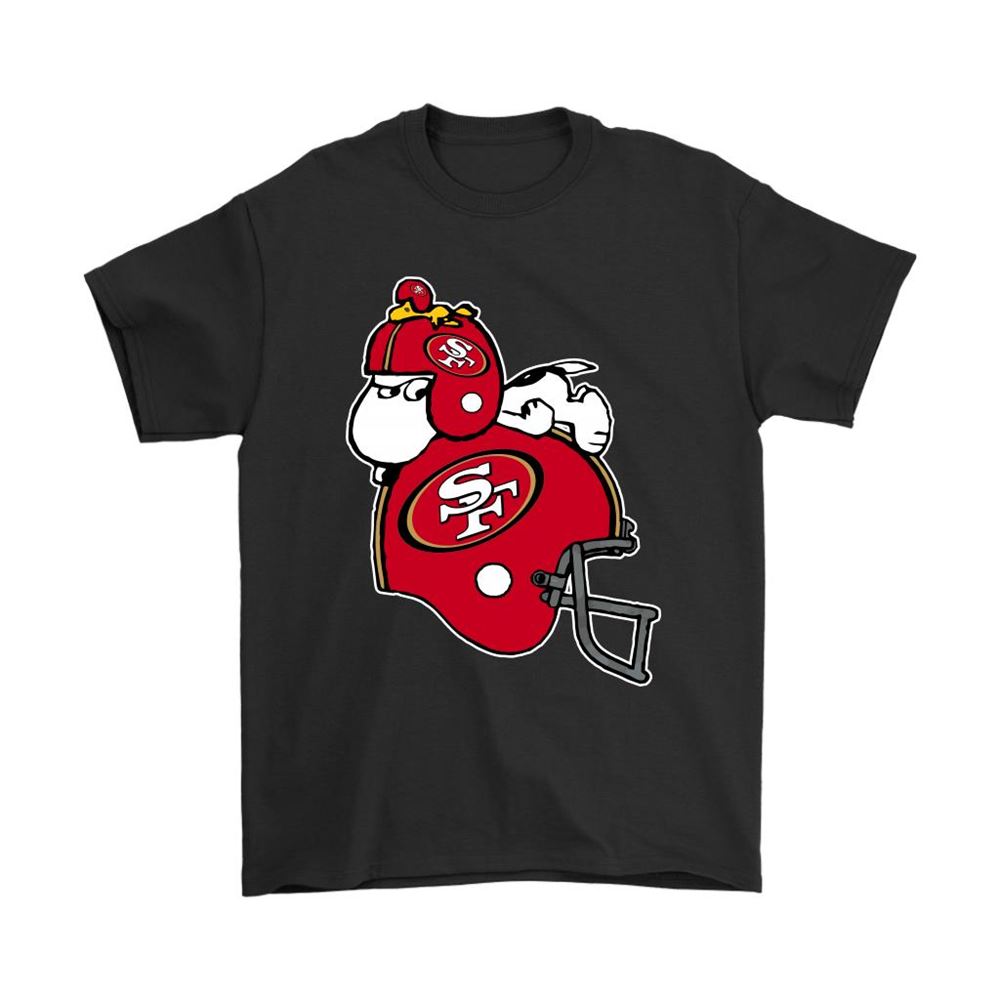 Snoopy And Woodstock Resting On San Francisco 49ers Helmet Shirts