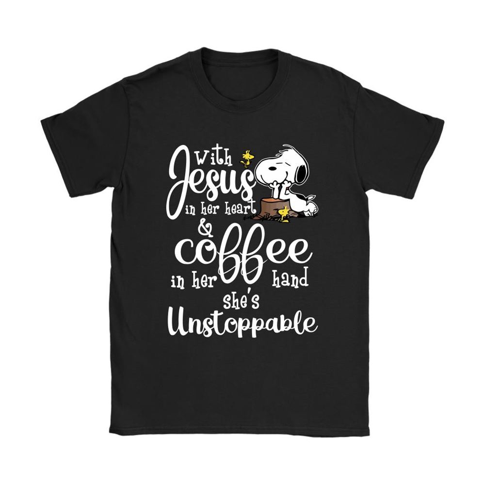 With Jesus In Her Heart And Coffee In Her Hand Snoopy Shirts