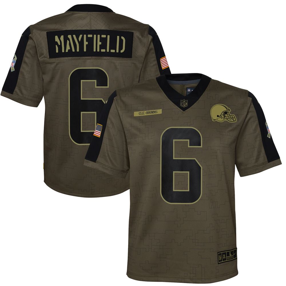 Men's Baker Mayfield Cleveland Browns Youth 2021 Salute To Service Game Jersey Olive