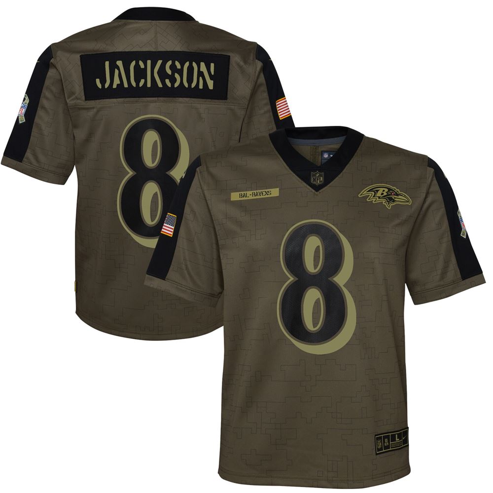 Men's Lamar Jackson Baltimore Ravens Youth 2021 Salute To Service Game Jersey Olive