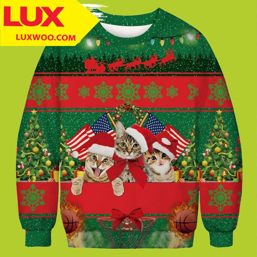 American Flag And Funny Cat Ugly Christmas Sweater