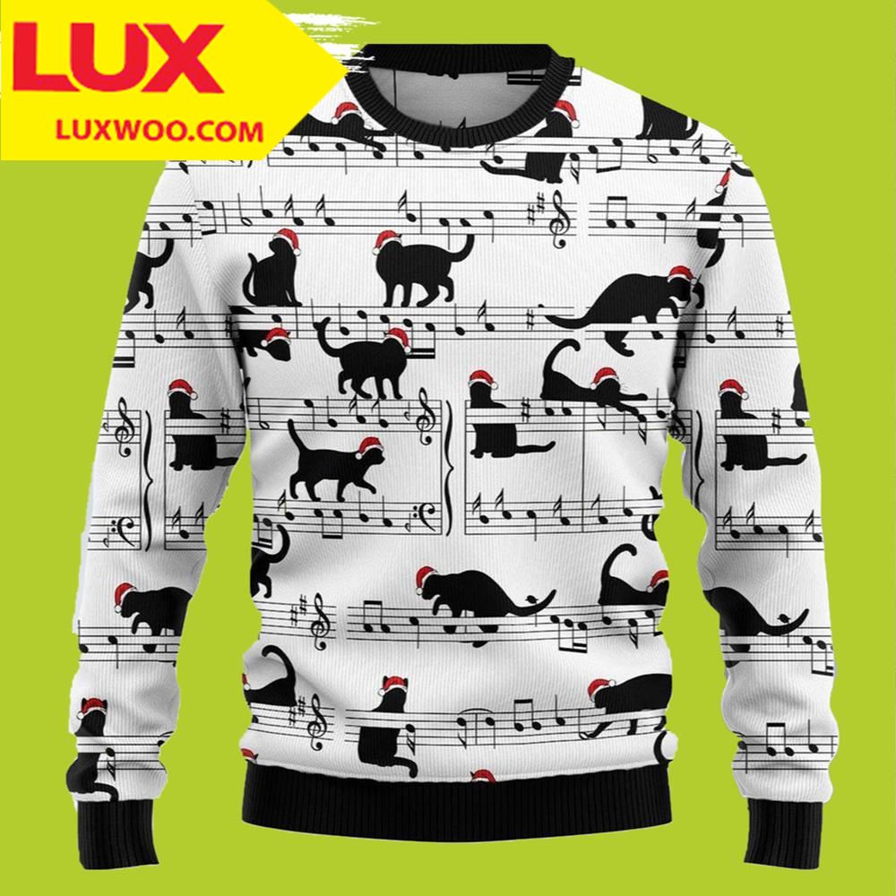 Black Cat Christmas Music Cat Ugly Christmas Sweater