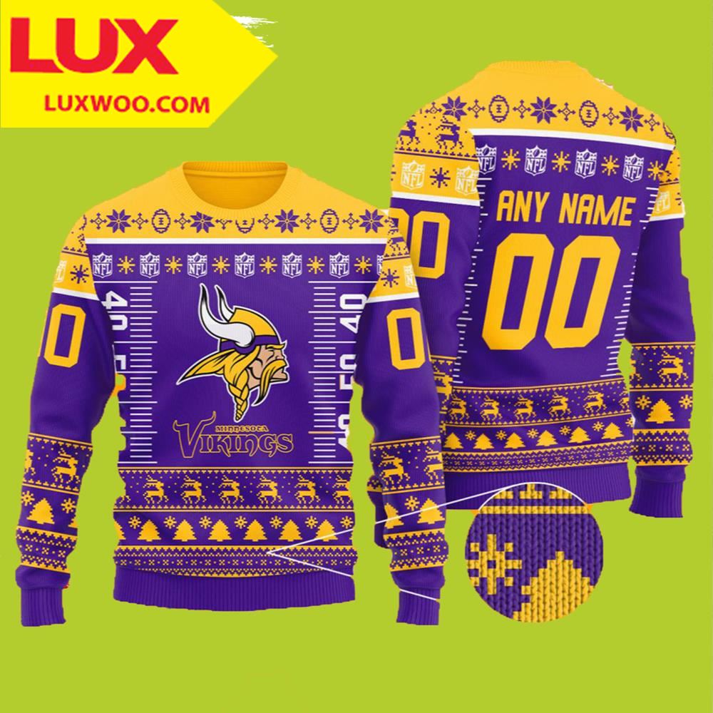 Custom Name Number Nfl Logo Minnesota Vikings Ugly Christmas Sweater