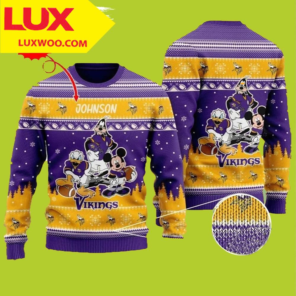 Disney Donald Duck Mickey Mouse Goofy Personalized Minnesota Vikings Ugly Christmas Sweater